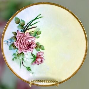 Antique c1900 J & C Bavaria Cabinet Plate Pink Roses Hand Painted Floral Gold